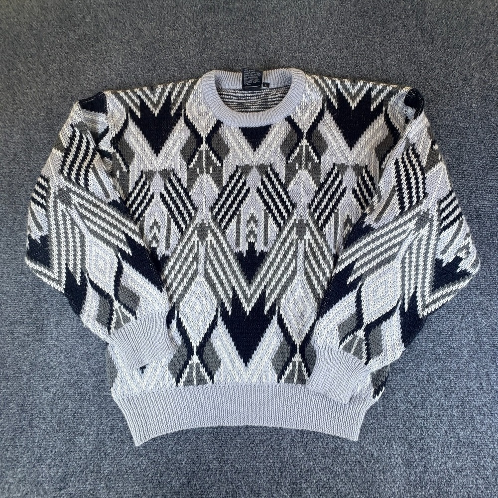 Vintage Spettro Sweater Mens Large Gray Black Geometric Knit Acrylic Pullover